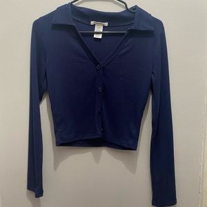 Navy long sleeve button crop top